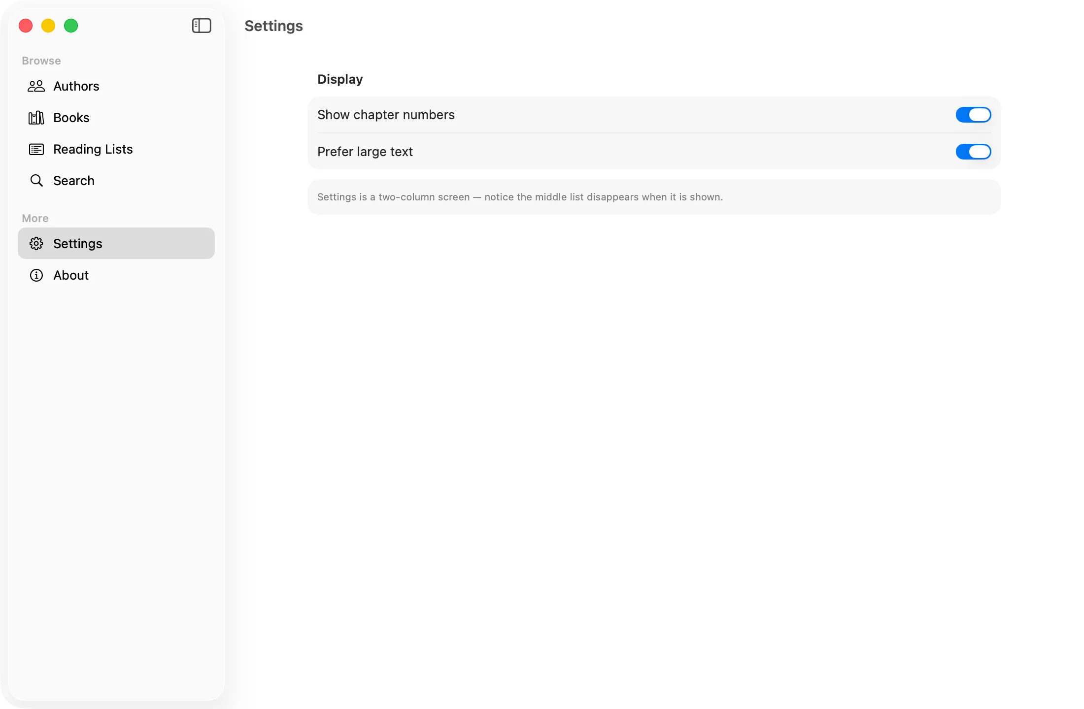 Two-column layout: sidebar and full-width detail (Settings)