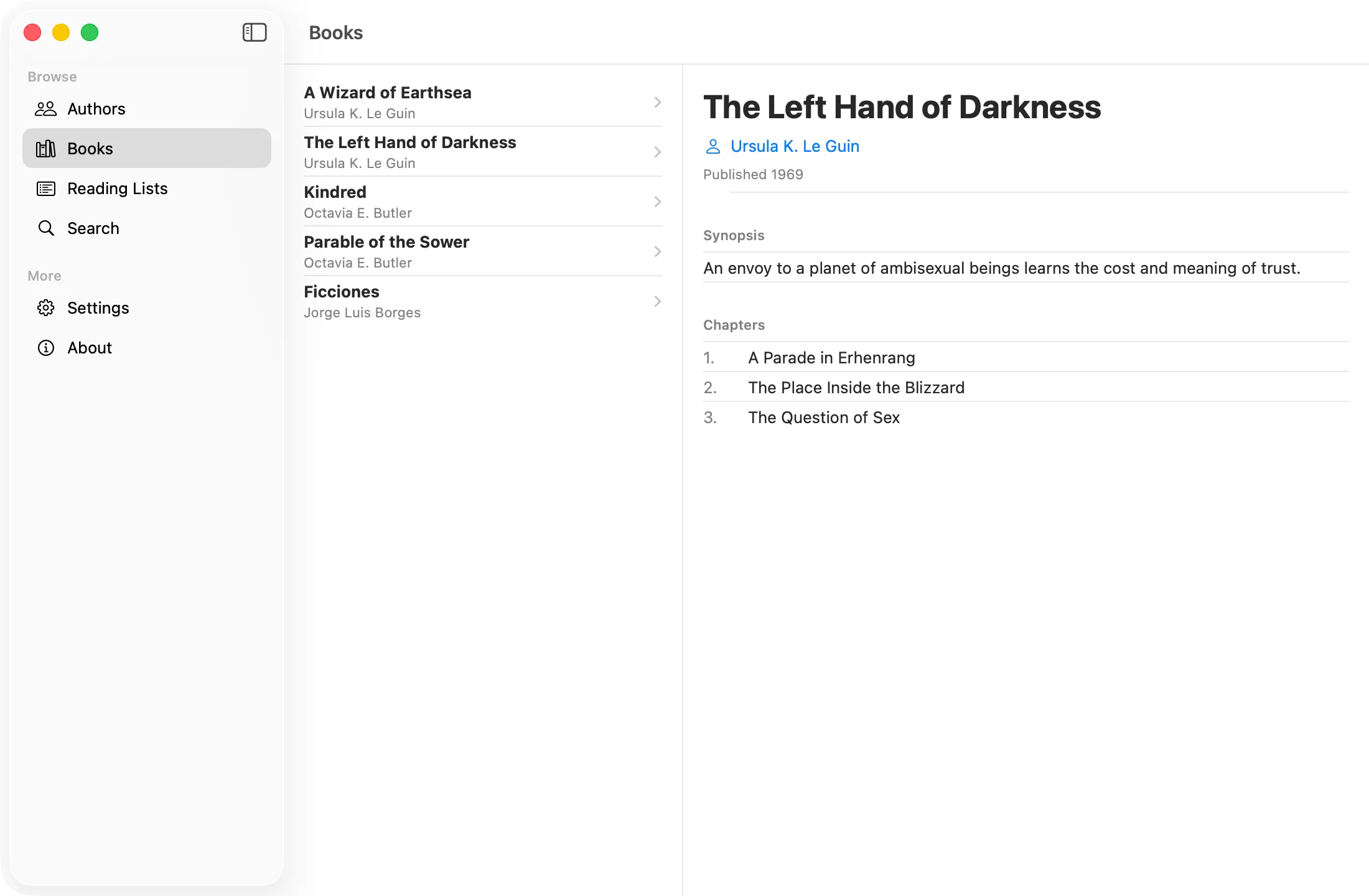 Three-column layout: sidebar, list (Authors) and detail (an Author)